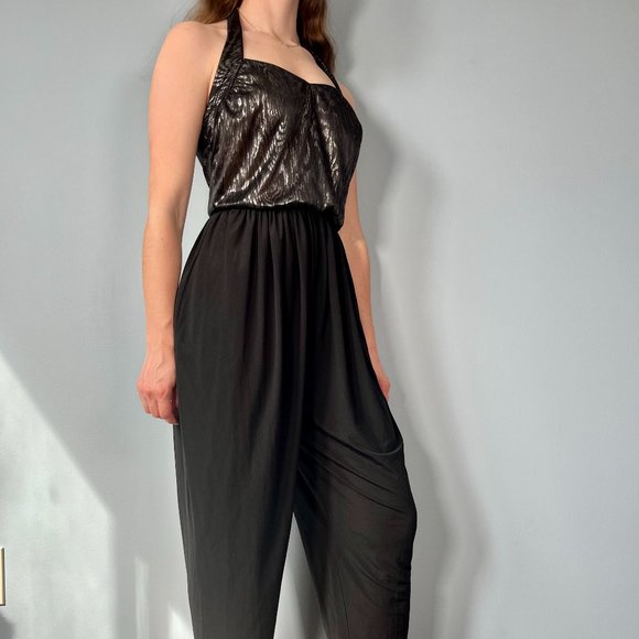 Vintage 80s Jumpsuit, 1980s Black Metallic Halter Parachute Pant One Piece - Picture 5 of 9